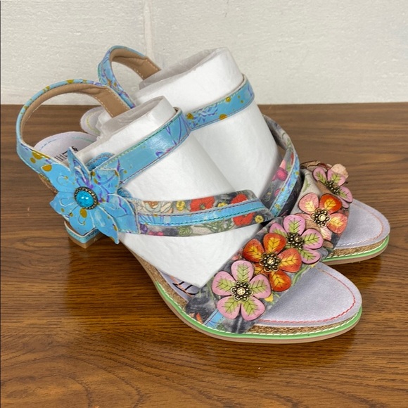 NWOT L'Artiste by Spring Step Blue/Pink Chunky‎ Heels Floral Embellishments EU40 - Picture 4 of 7